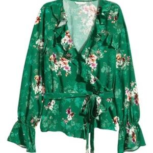 H&M Green Floral Wrap Long Sleeve Blouse